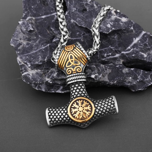 Nordic Viking Mjolnir Thor Hammer Vegvisir Compass Necklace Nordic Jewelry - Picture 2 of 16